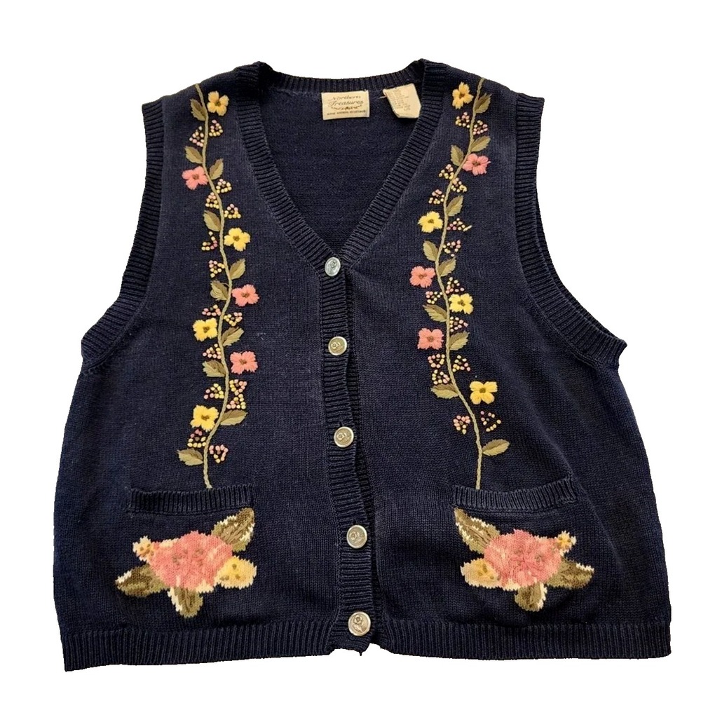 Vintage Northern Treasures Embroidered Floral Sweater Vest Small Cottage Prairie